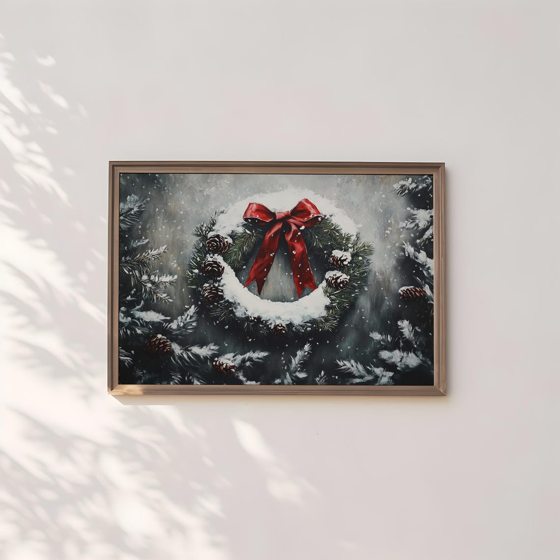 Moody Snowy Christmas Wreath Red Bow Dark Forest Holiday Poster - Image 3