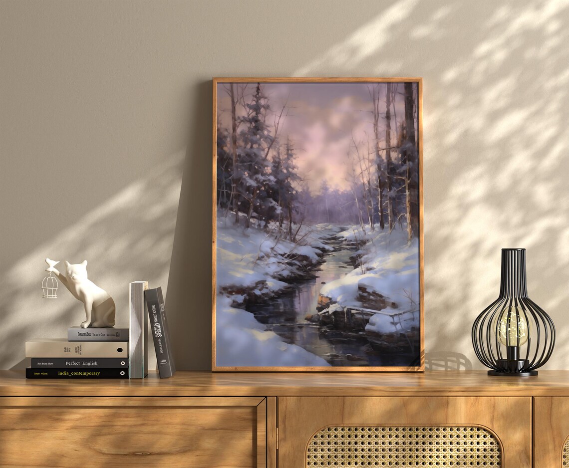 Snowy Winter Creek Pink Dawn Forest Vintage Christmas Poster - Image 2