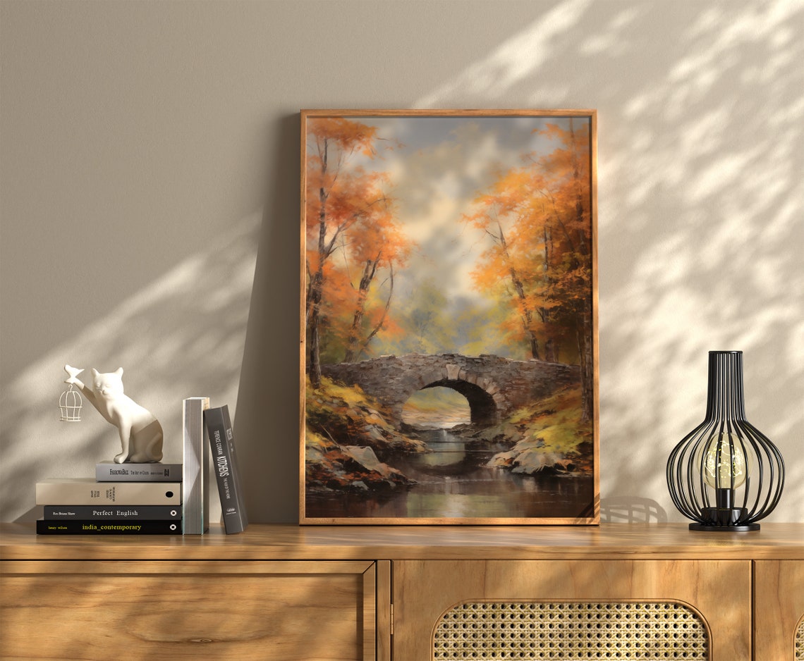 Rustic Stone Bridge Autumn Creek Vintage Fall Landscape Poster - Image 3