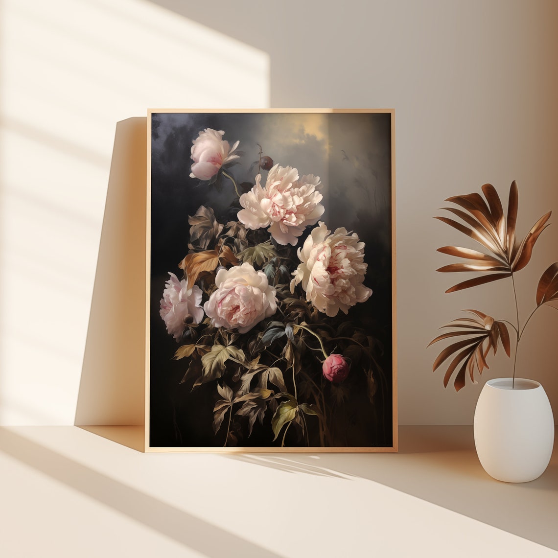 Pink Peonies Dark Background Moody Floral Oil Painting Wall Art - Image 2