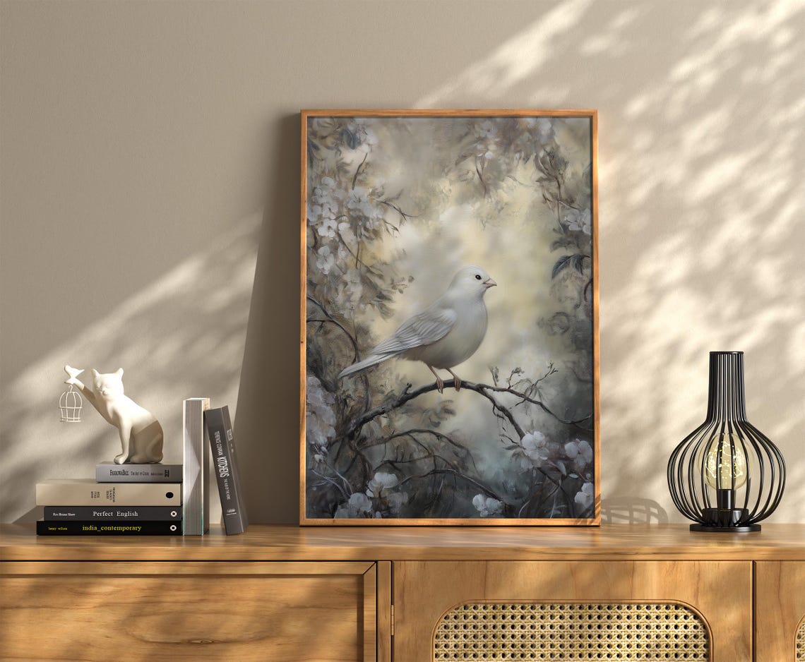White Dove Bird on Blossom Branch Misty Floral Vintage Spring Poster - Image 2