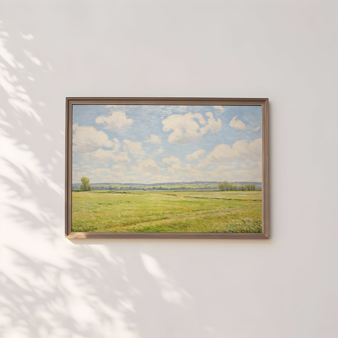 Green Meadow Under Bright Blue Cloudy Sky Impressionist Art Poster - Image 2