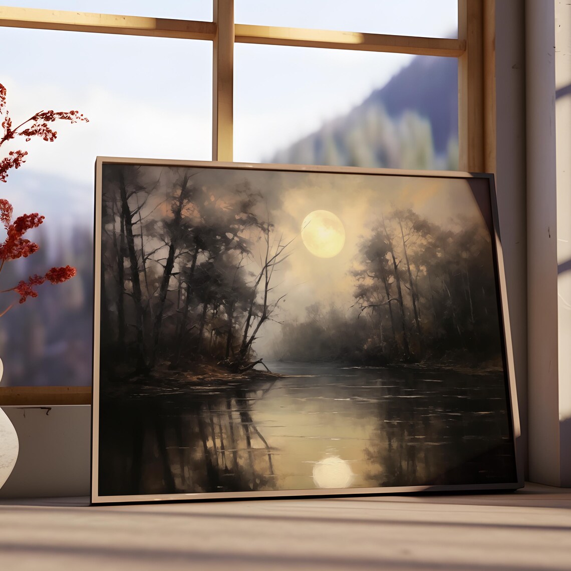 Full Moon Over Misty Lake Moody Night Landscape Vintage Wall Art - Image 3