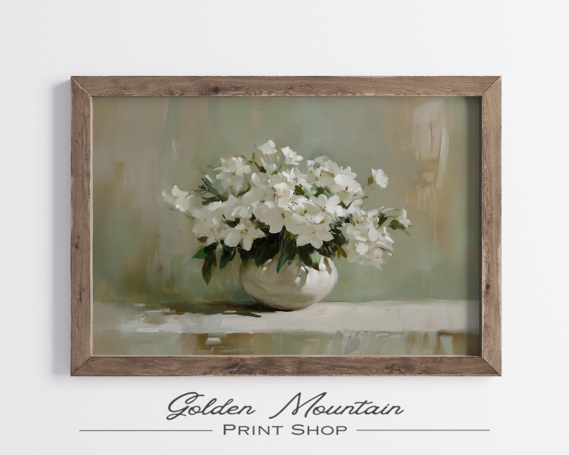 White Blossoms in White Vase Sage Green Floral Still Life Print - Image 2