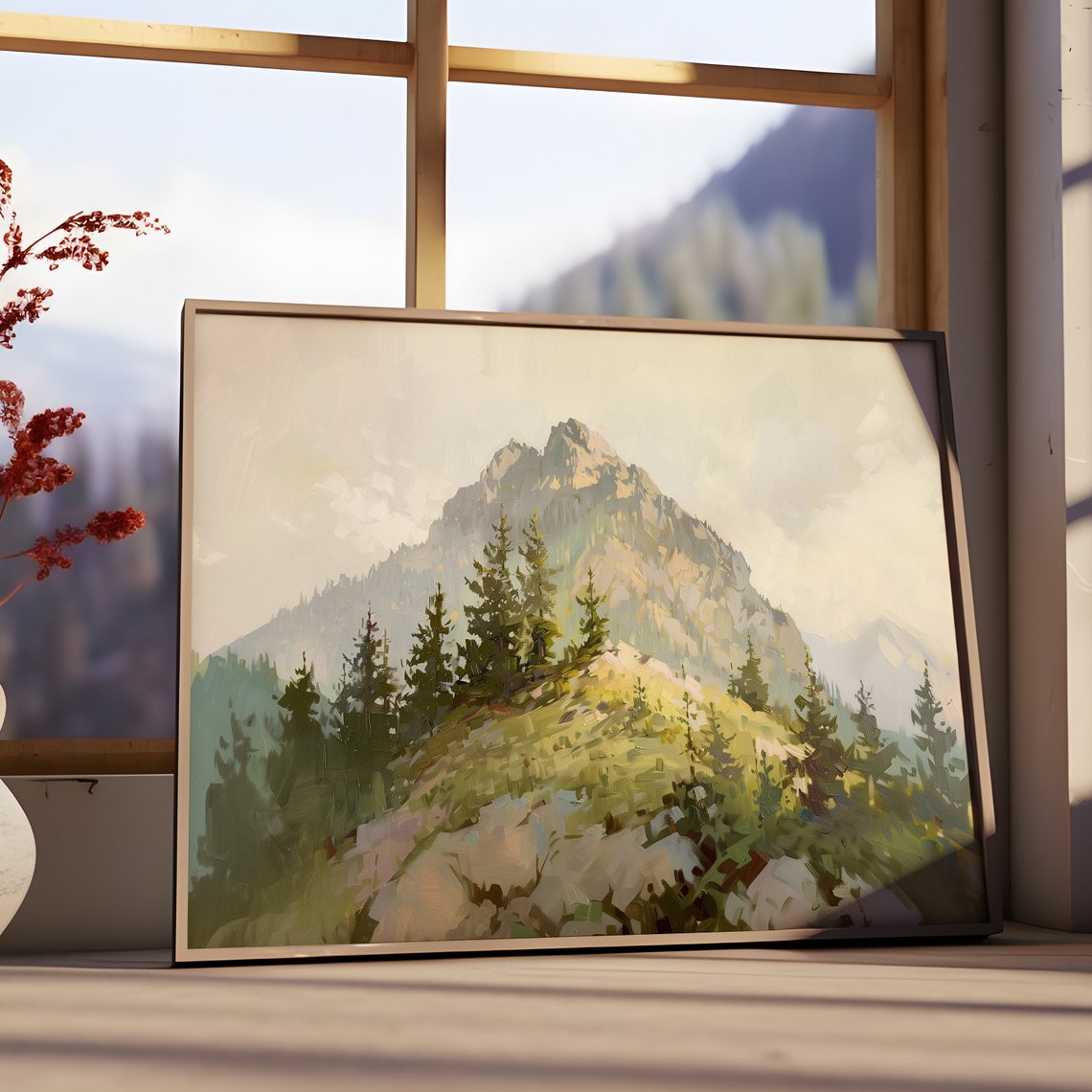 Rugged Mountain Peak with Pine Trees Impressionist Scenic Poster - Image 2