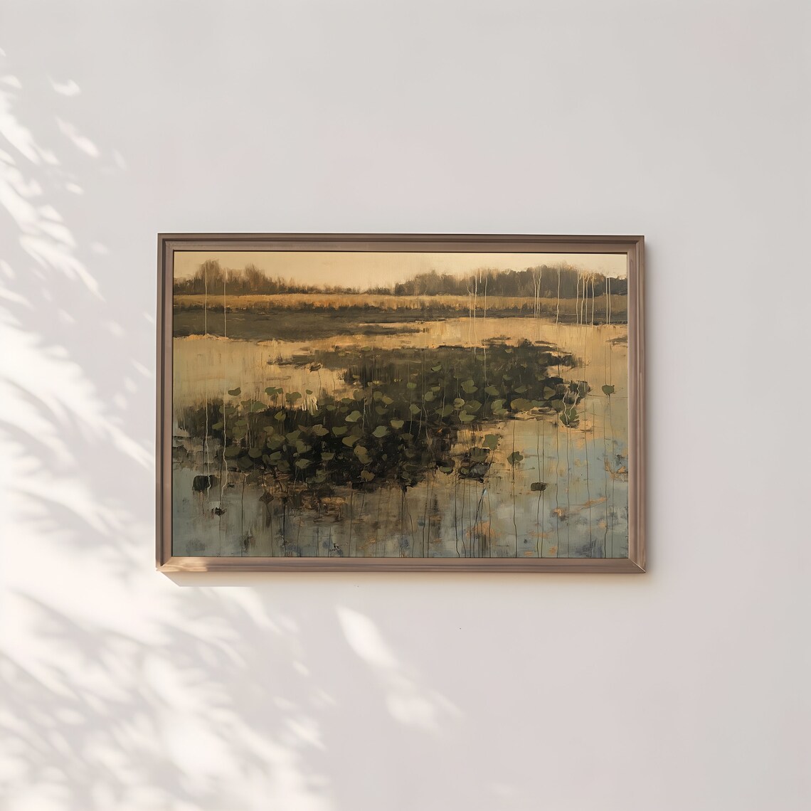 Moody Rain Pond with Lily Pads Golden Dusk Reflections Landscape Poster - Image 2