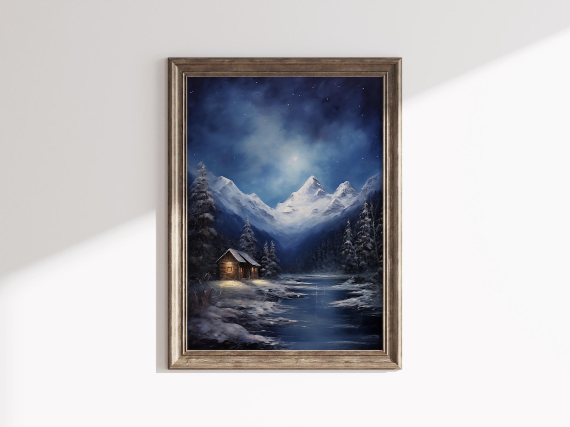 Vintage Christmas Winter Night Holiday Landscape Painting Forest Wall Art Christmas Decor Wall Art Moody Wall Art Mountain Wall Art Seasonal - Image 2