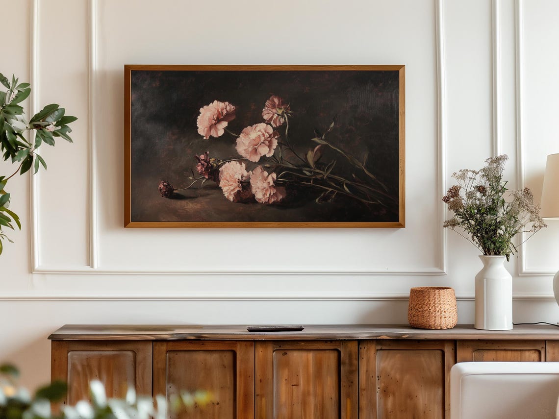 Moody Pink Carnations on Black Dark Floral Oil Painting Print - Image 3