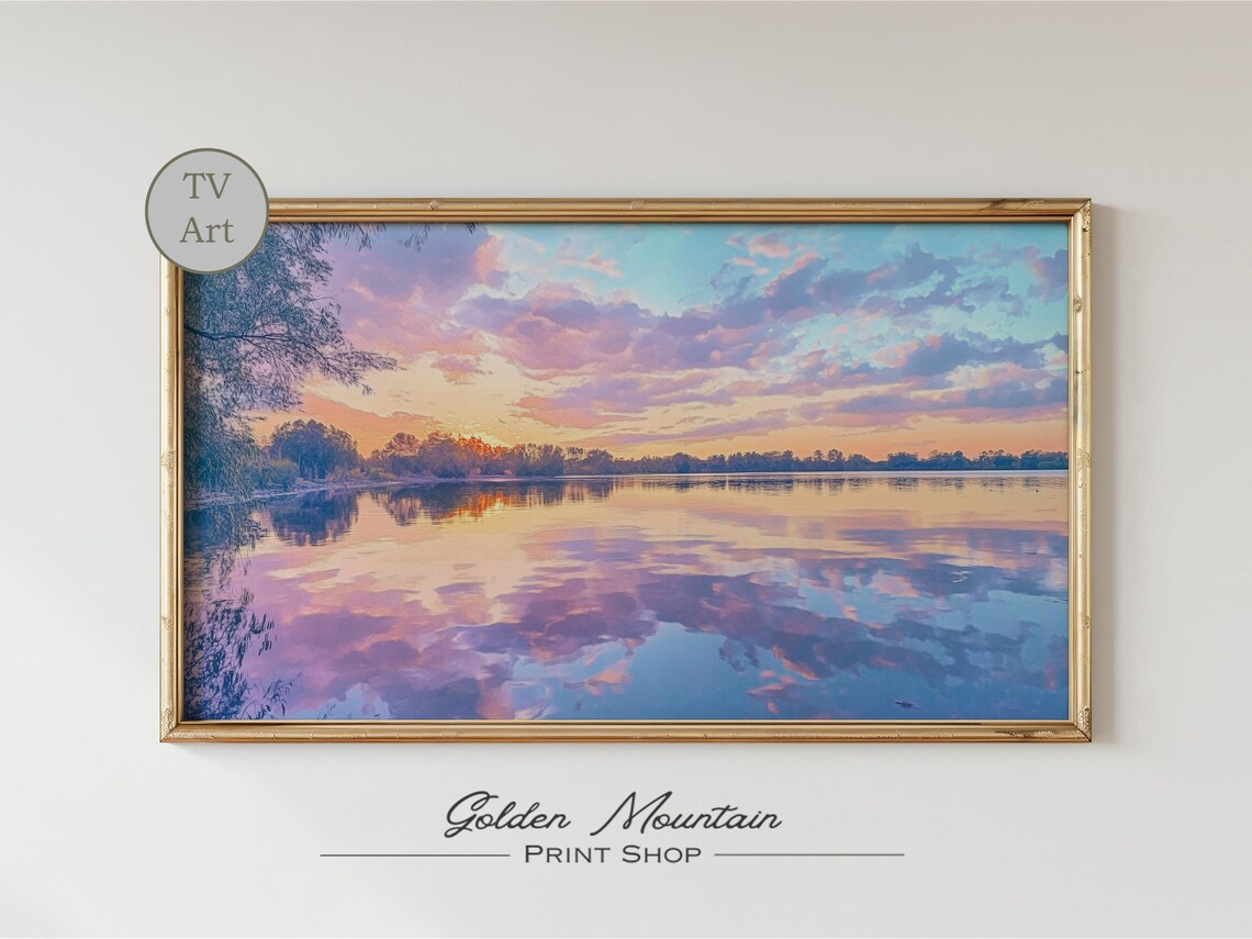 Pastel Sunset Over Calm Lake Mirror Reflection Horizon Landscape Poster - Image 2