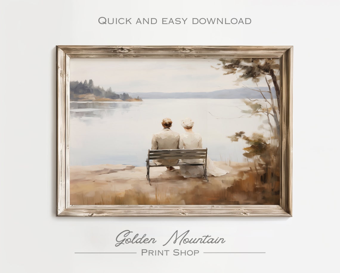 Romantic Couple on Lake Bench Soft Neutral Watercolor Landscape Print - Image 3