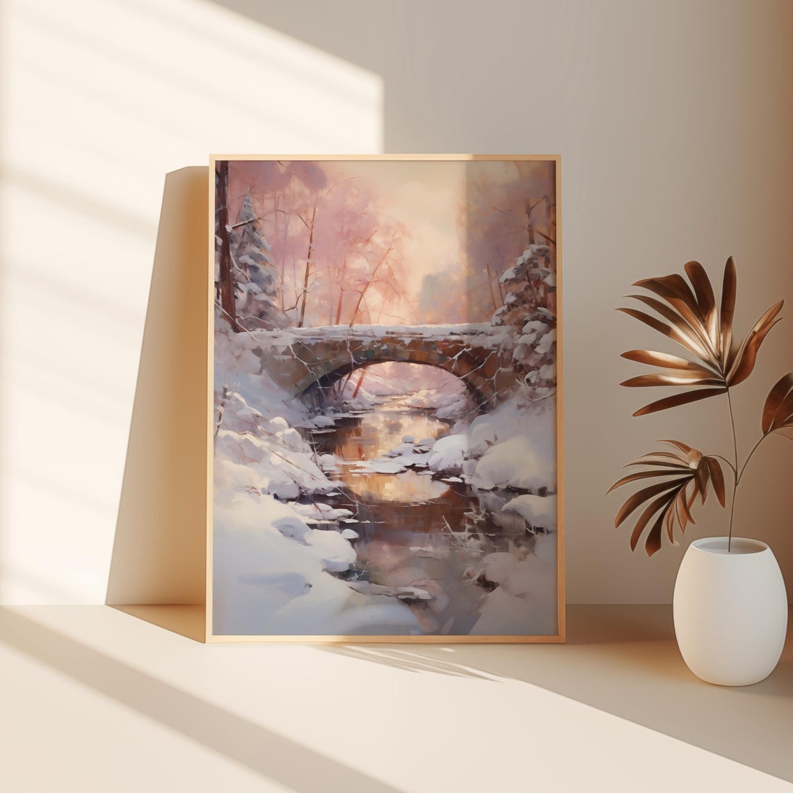 Snowy Stone Bridge Over Winter Stream Pink Dawn Landscape Wall Art - Image 3