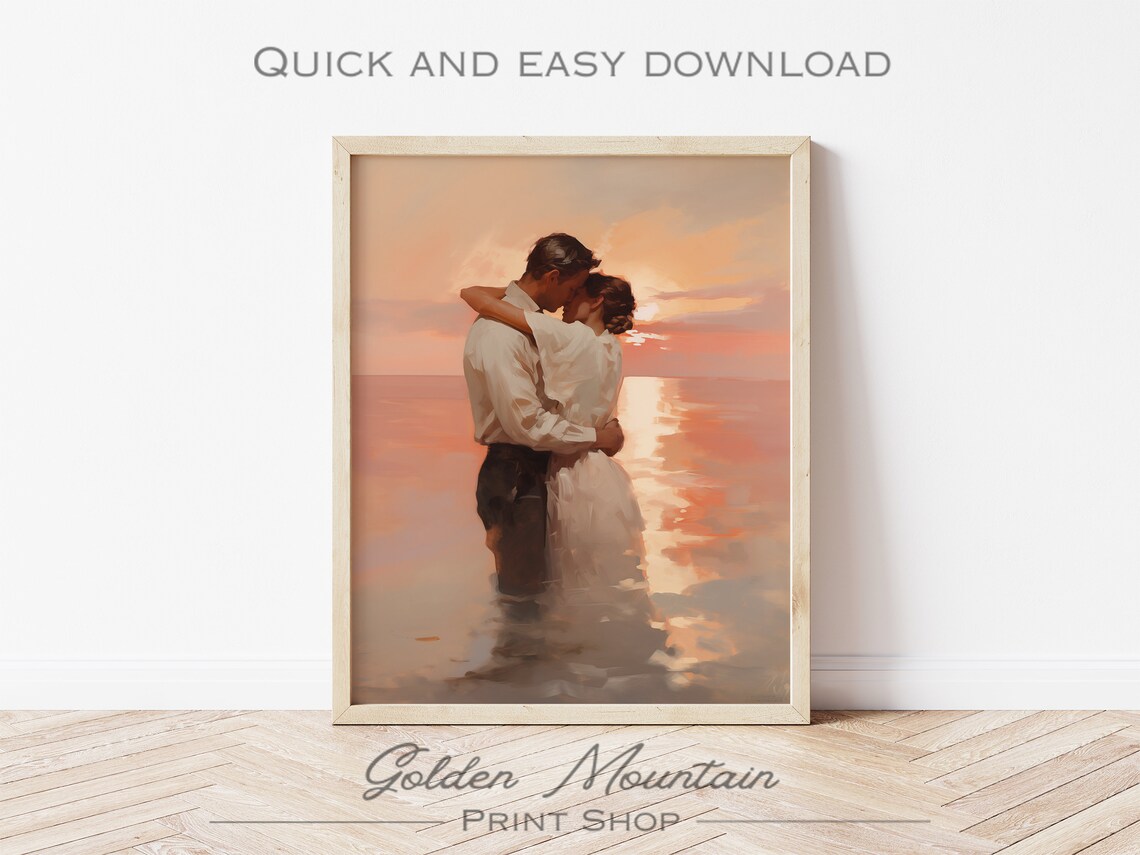 Romantic Couple Embrace At Sunset Ocean Romance Love Wall Art - Image 2