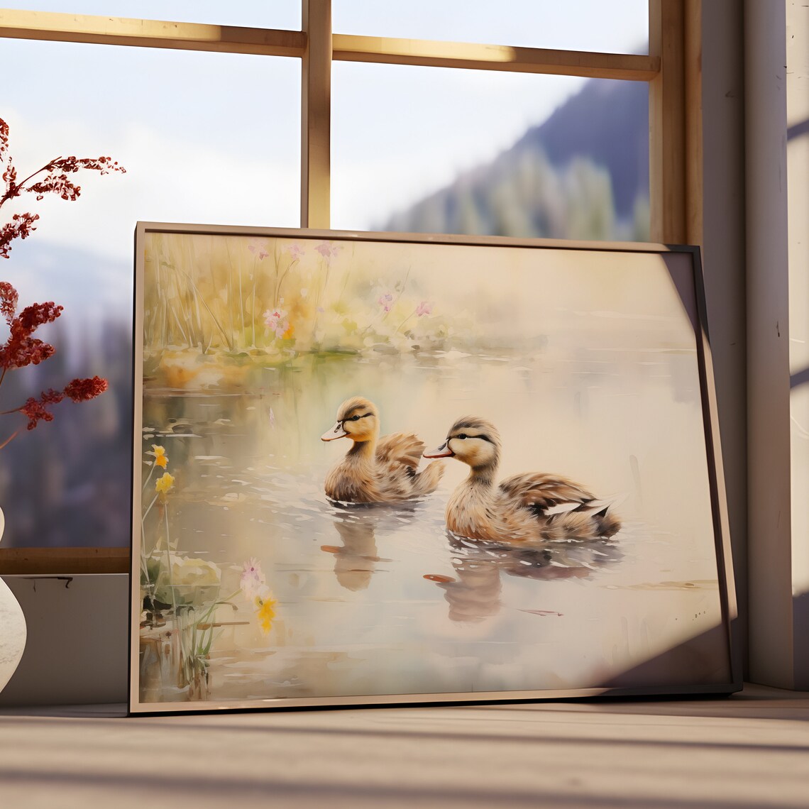 Ducklings Swimming Misty Pond Spring Watercolor Farmhouse Wall Art - Image 3
