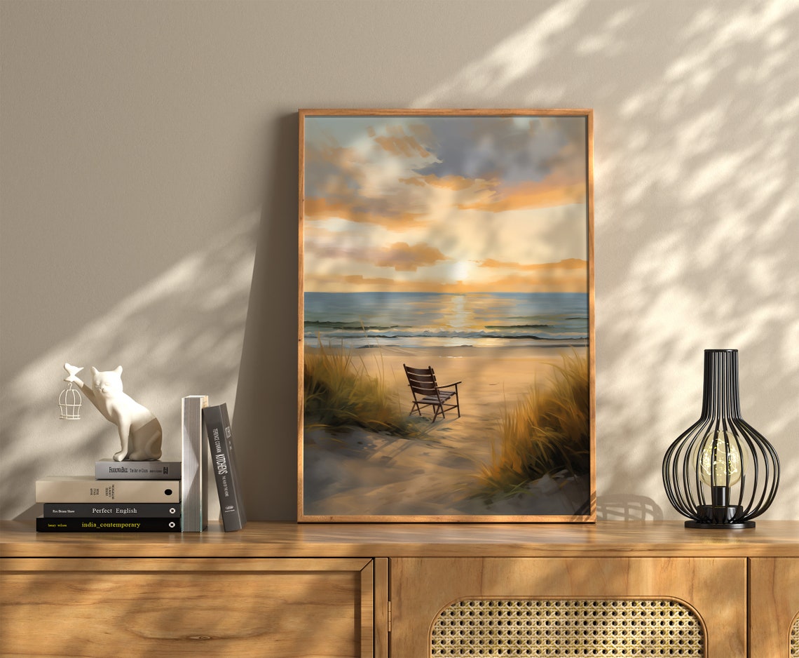 Sunset Beach With Empty Chair On Sandy Shore And Dune Grass Poster - Image 3