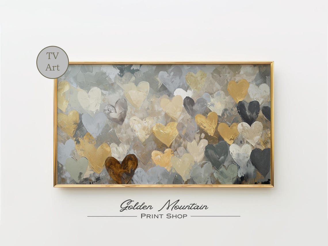 Gold Silver Gray Painted Hearts Neutral Abstract Elegant Poster