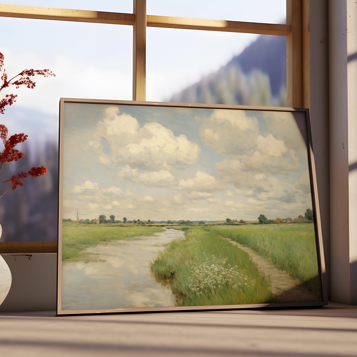 Neutral Countryside River Landscape Winding Stream Cloudy Sky Pastel Poster - Image 3