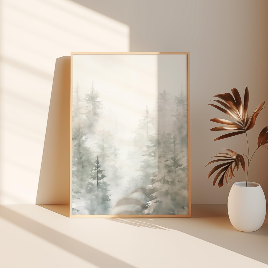 White Misty Pines Foggy Forest Watercolor Minimalist Winter Poster - Image 3