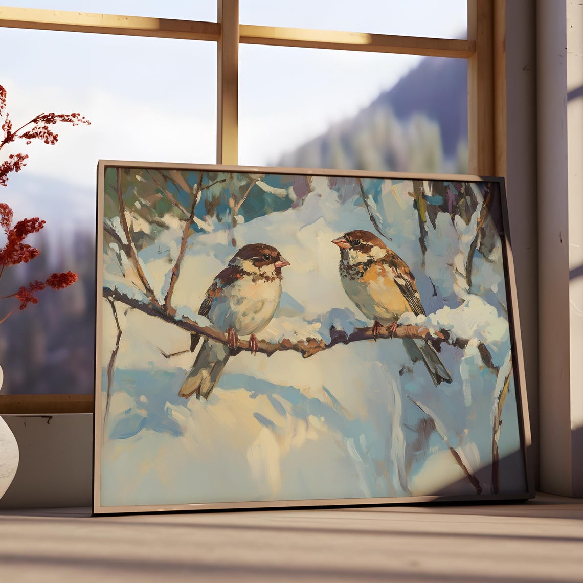 Two Sparrows Snowy Branch Blue Winter Songbird Pair Wall Art - Image 3