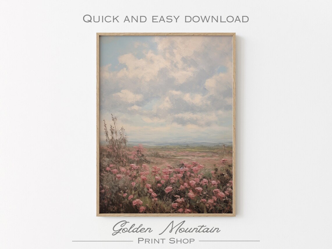 Pink Rose Field Cloudy Sky Country Landscape Oil Painting Wall Art - Image 3