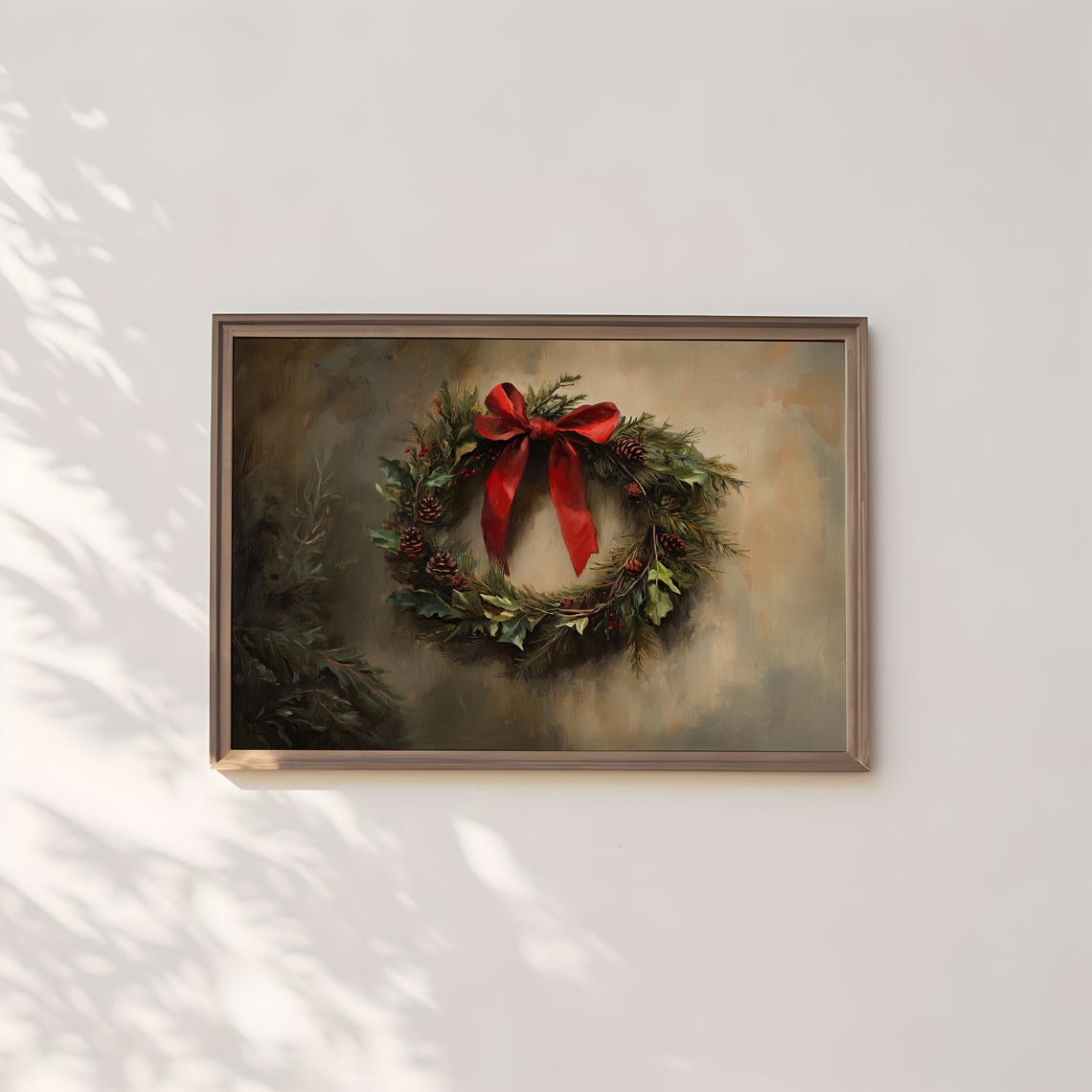 Christmas Wreath Red Bow Holly Pinecones Classic Holiday Wall Art - Image 2