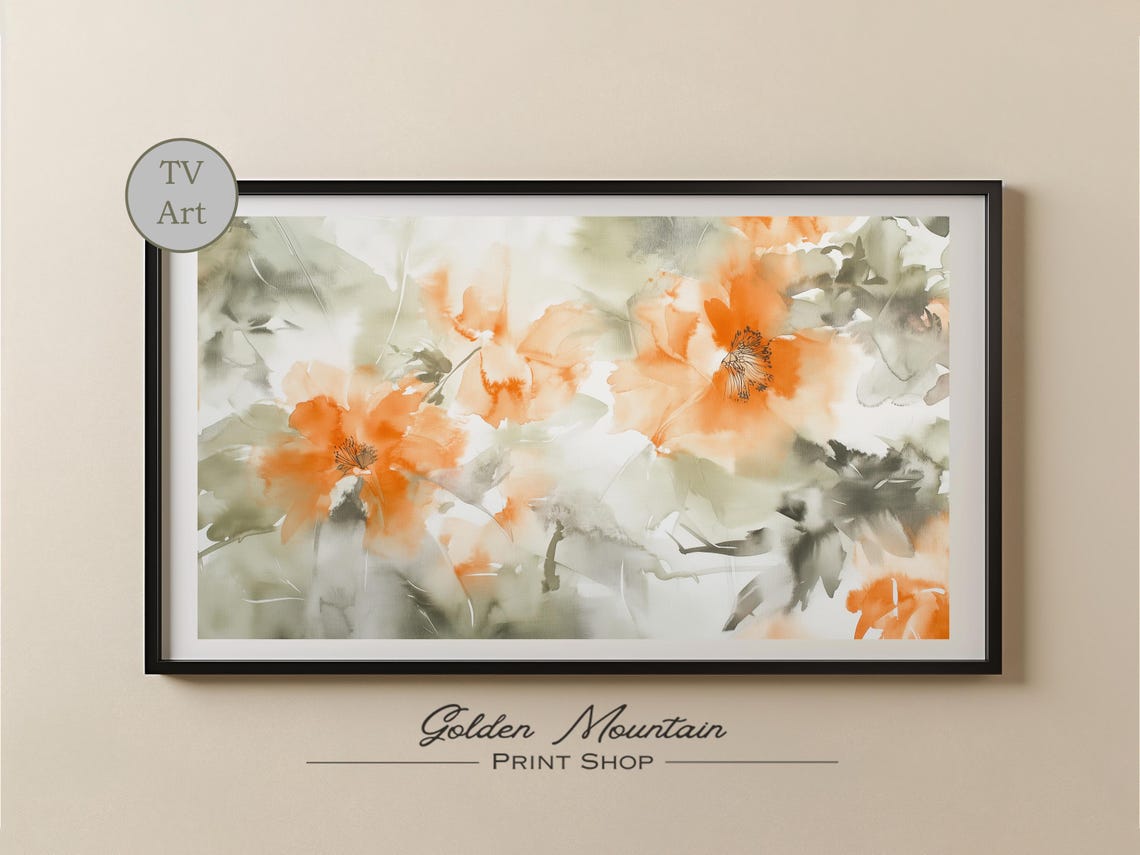 Abstract Orange Poppies Watercolor with Sage Gray Brushstrokes Poster - Image 2