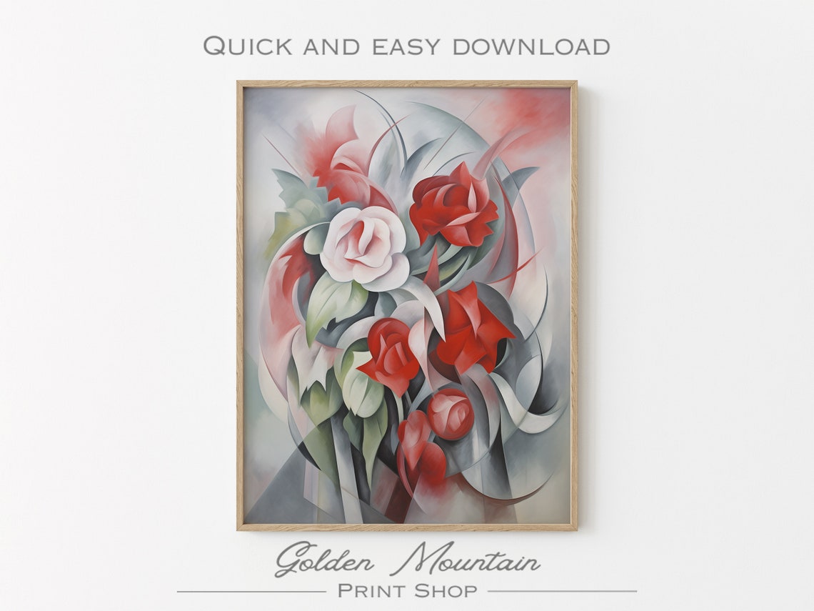 Abstract Red and White Roses Modern Art Deco Floral Valentine Poster - Image 2