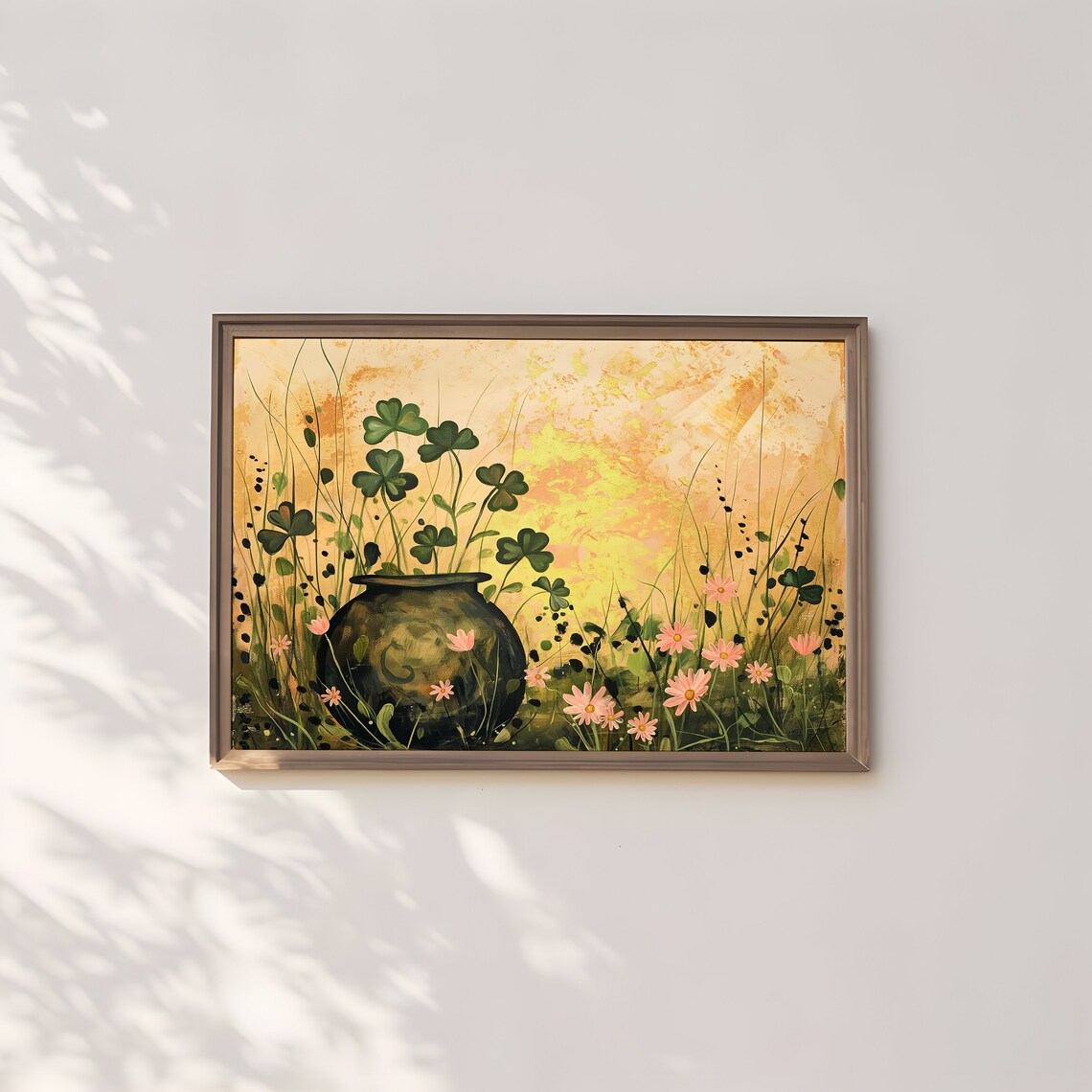 Pot of Gold with Shamrocks and Pink Daisies Golden Sunset Art Poster - Image 3