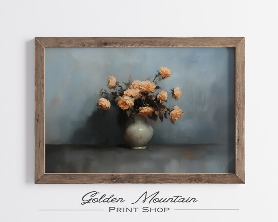 Peach Roses in Ceramic Vase Dusty Blue Vintage Floral Art Print