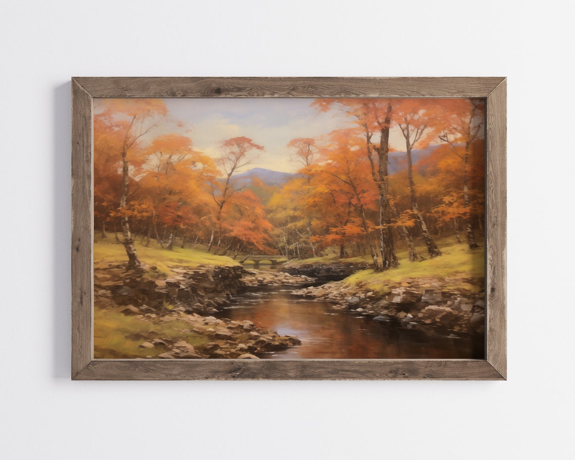 Golden Autumn Forest Stream Distant Bridge Sunlit Fall Poster - Image 3