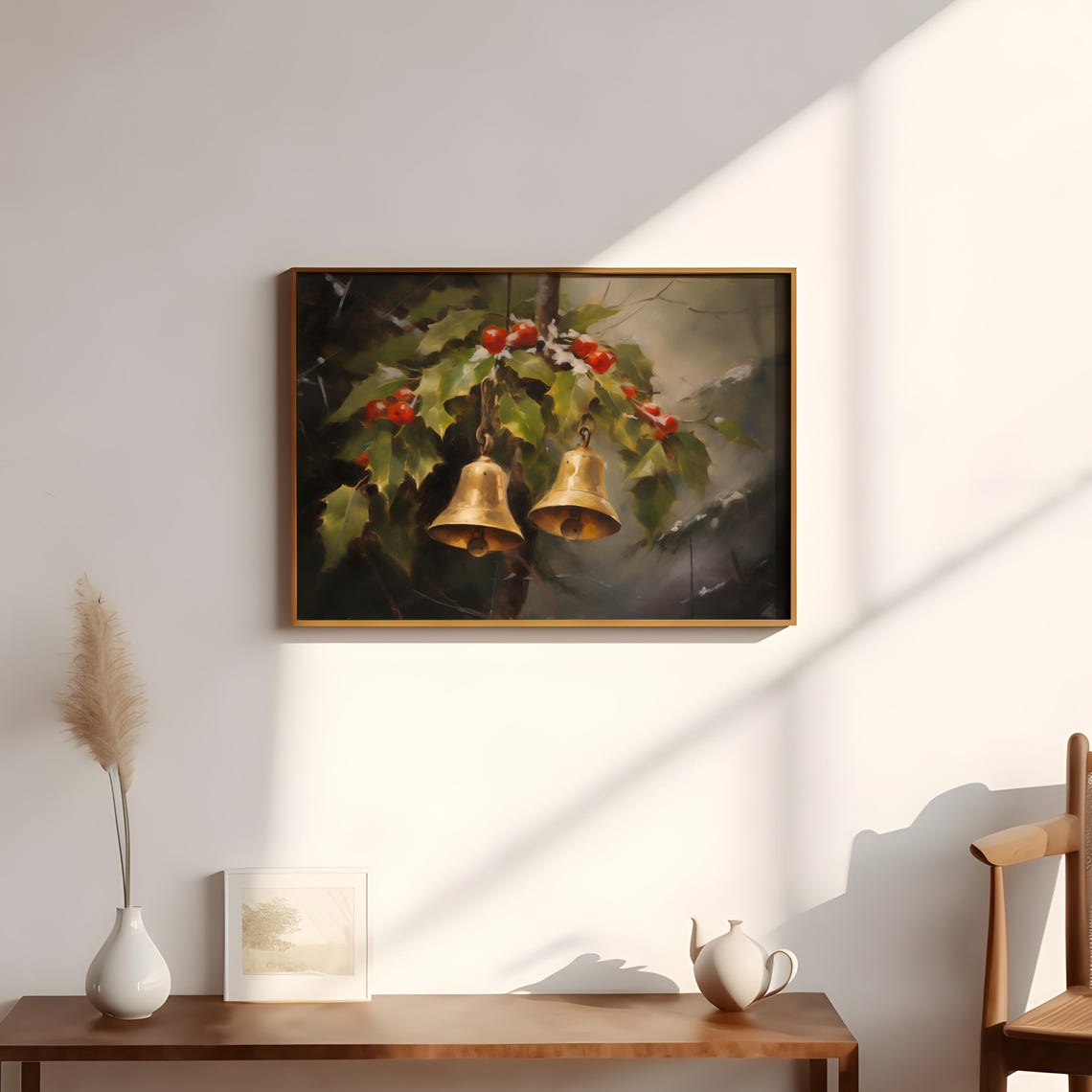 Brass Christmas Bells With Snowy Holly And Red Berries Poster - Image 2