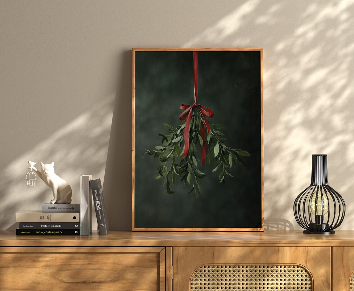 Mistletoe Sprig With Red Ribbon Bow Moody Dark Green Christmas Poster - Image 2