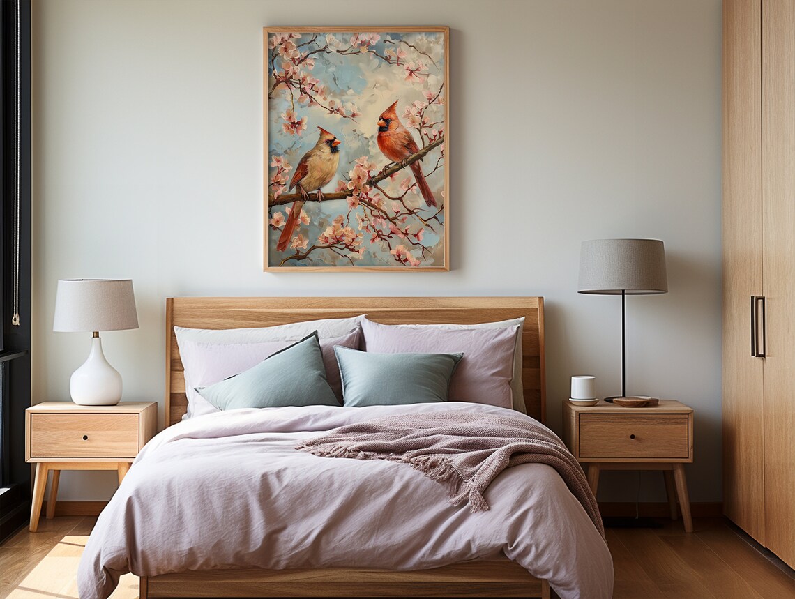 Northern Cardinal Pair on Cherry Blossom Branch Spring Bird Painting Poster - Image 2