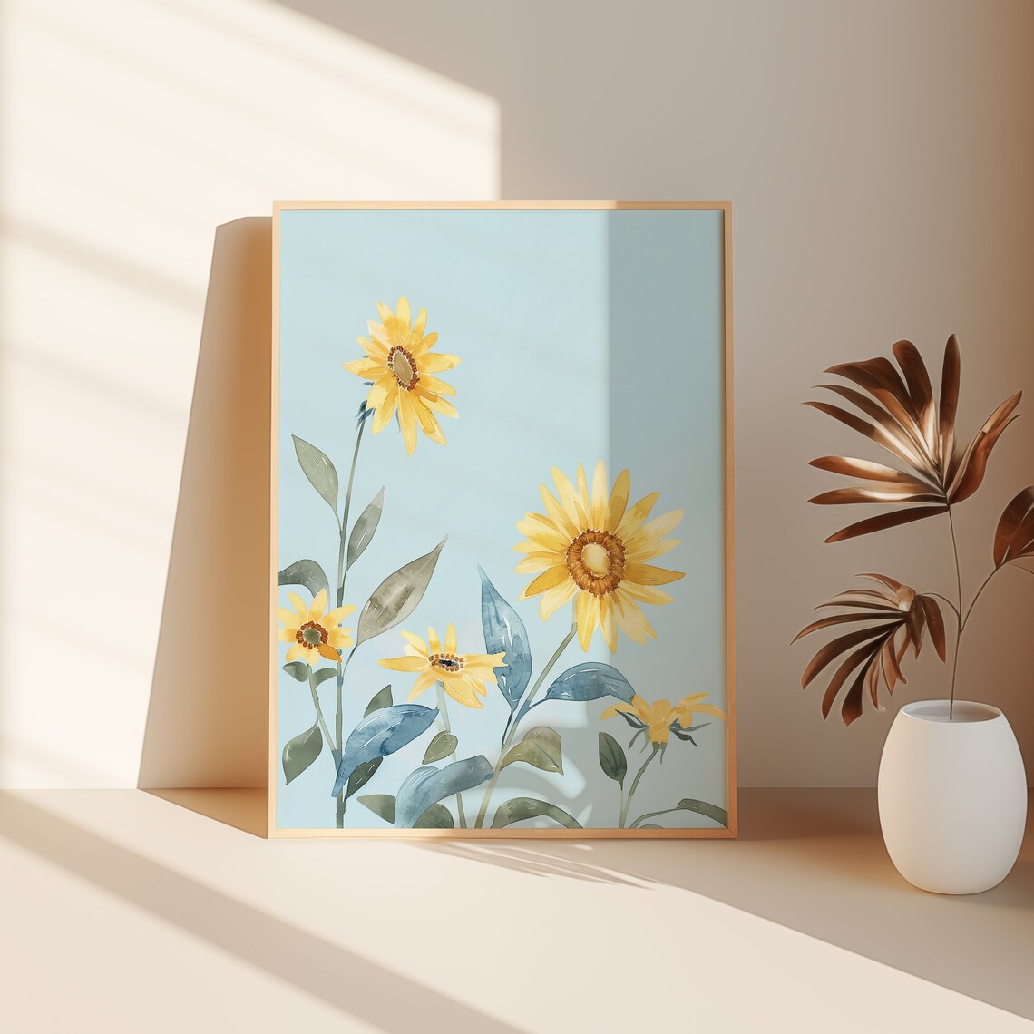 Yellow Sunflower Watercolor Tall Stems Blue Spring Decor Wall Art - Image 3