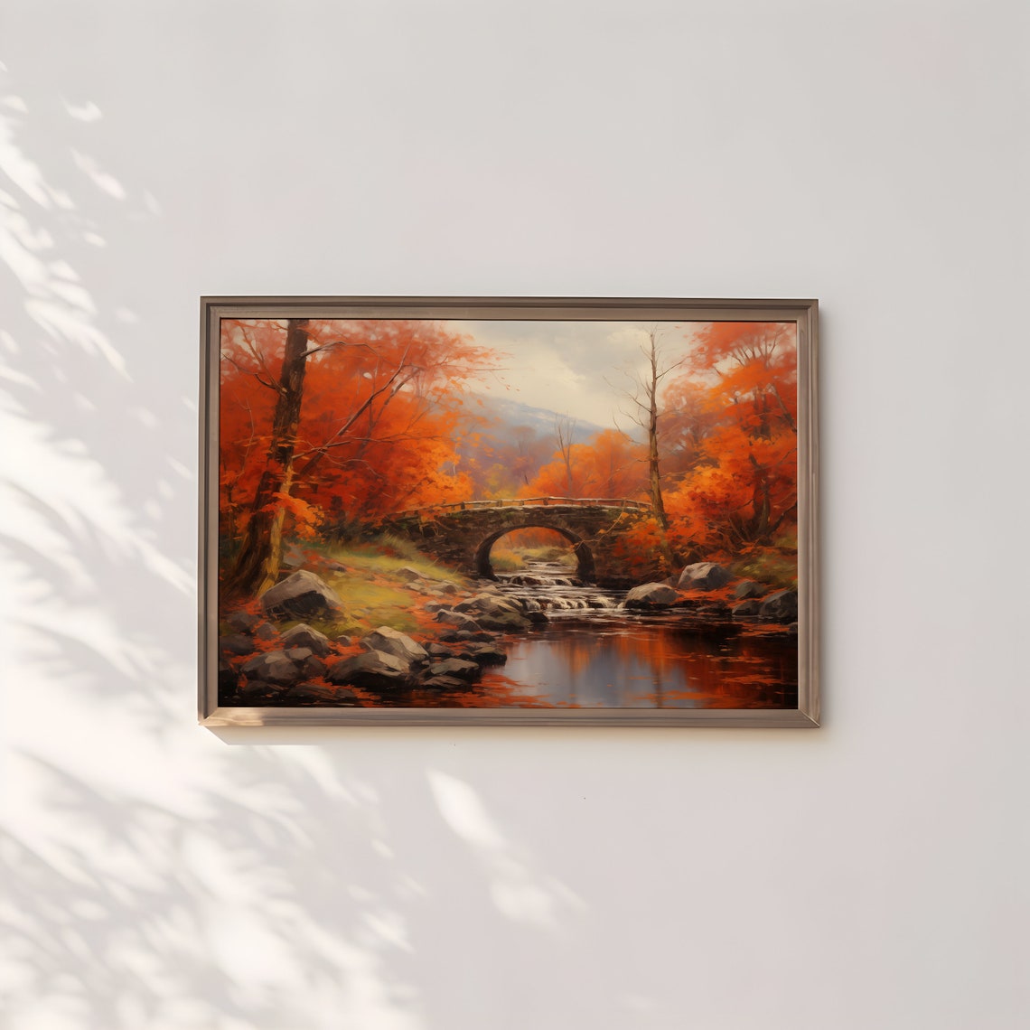 Fiery Autumn Trees Stone Bridge Stream Fall Landscape Poster - Image 3