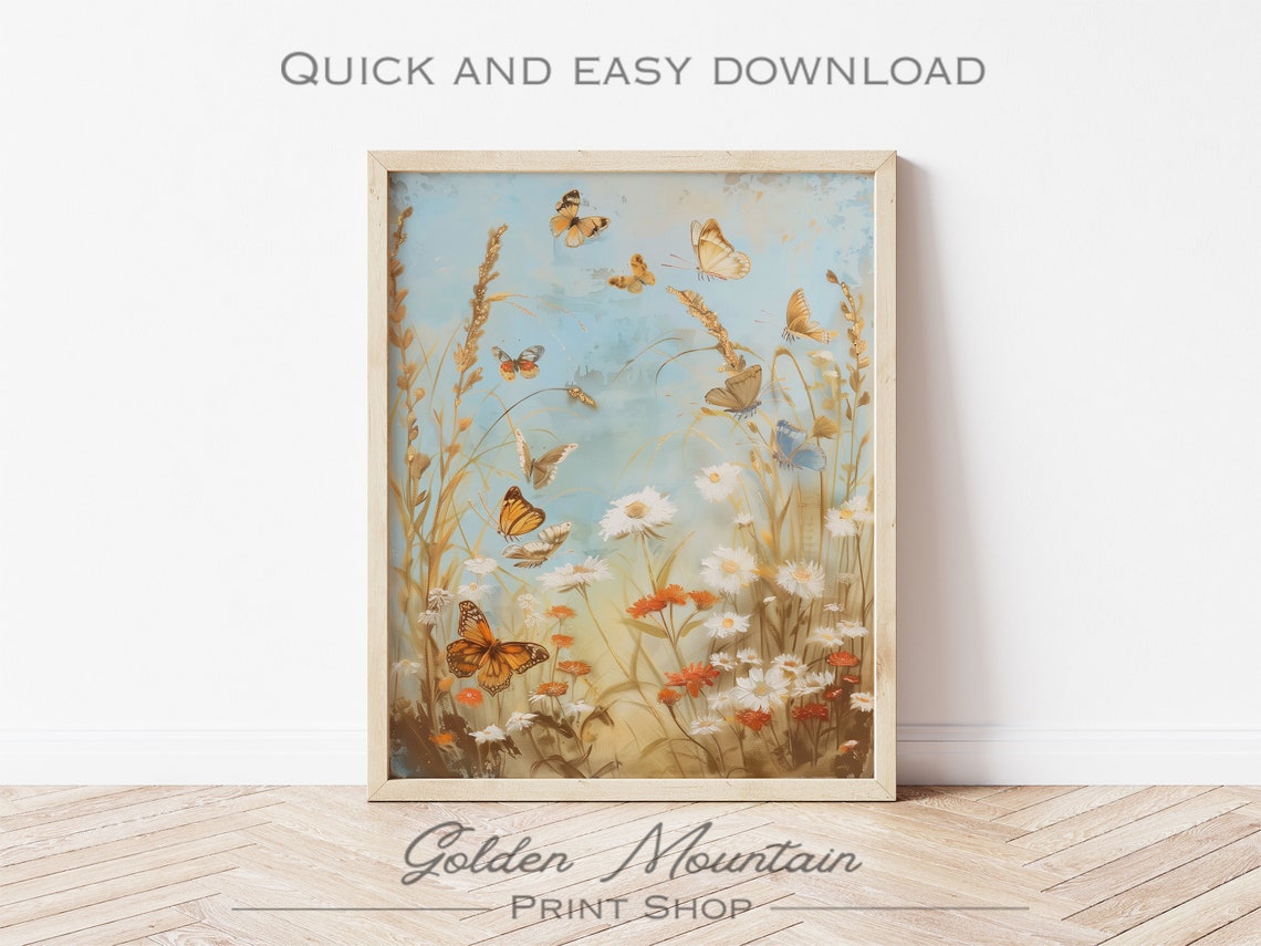 Butterfly Wildflower Field Vintage Summer Meadow Decor Wall Art - Image 2