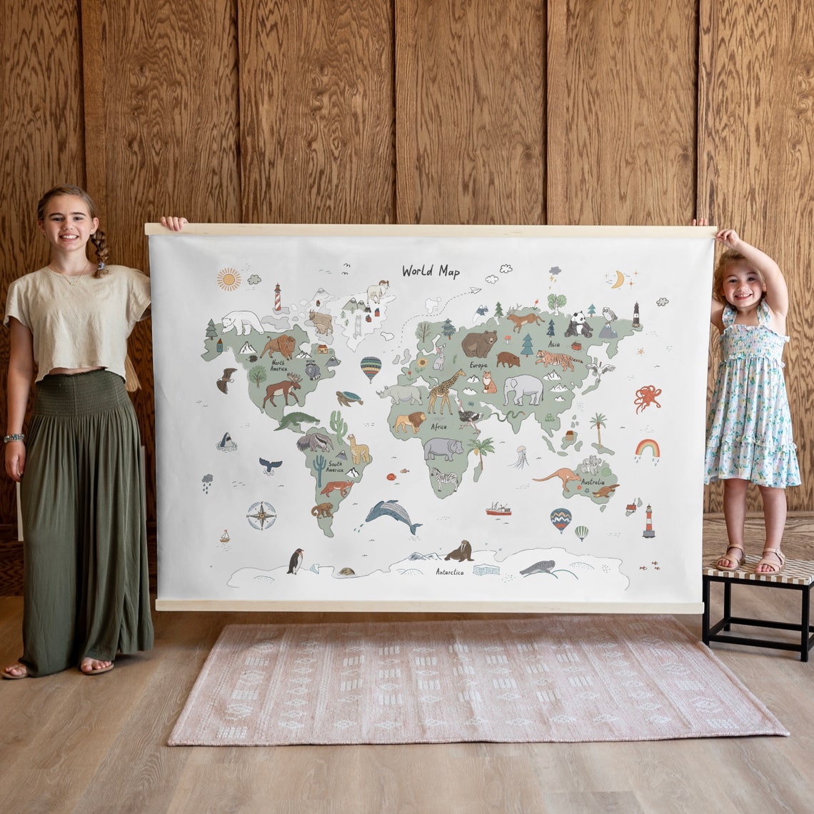 Whimsical Animal World Map Kids Room Educational Decor Poster - Image 3