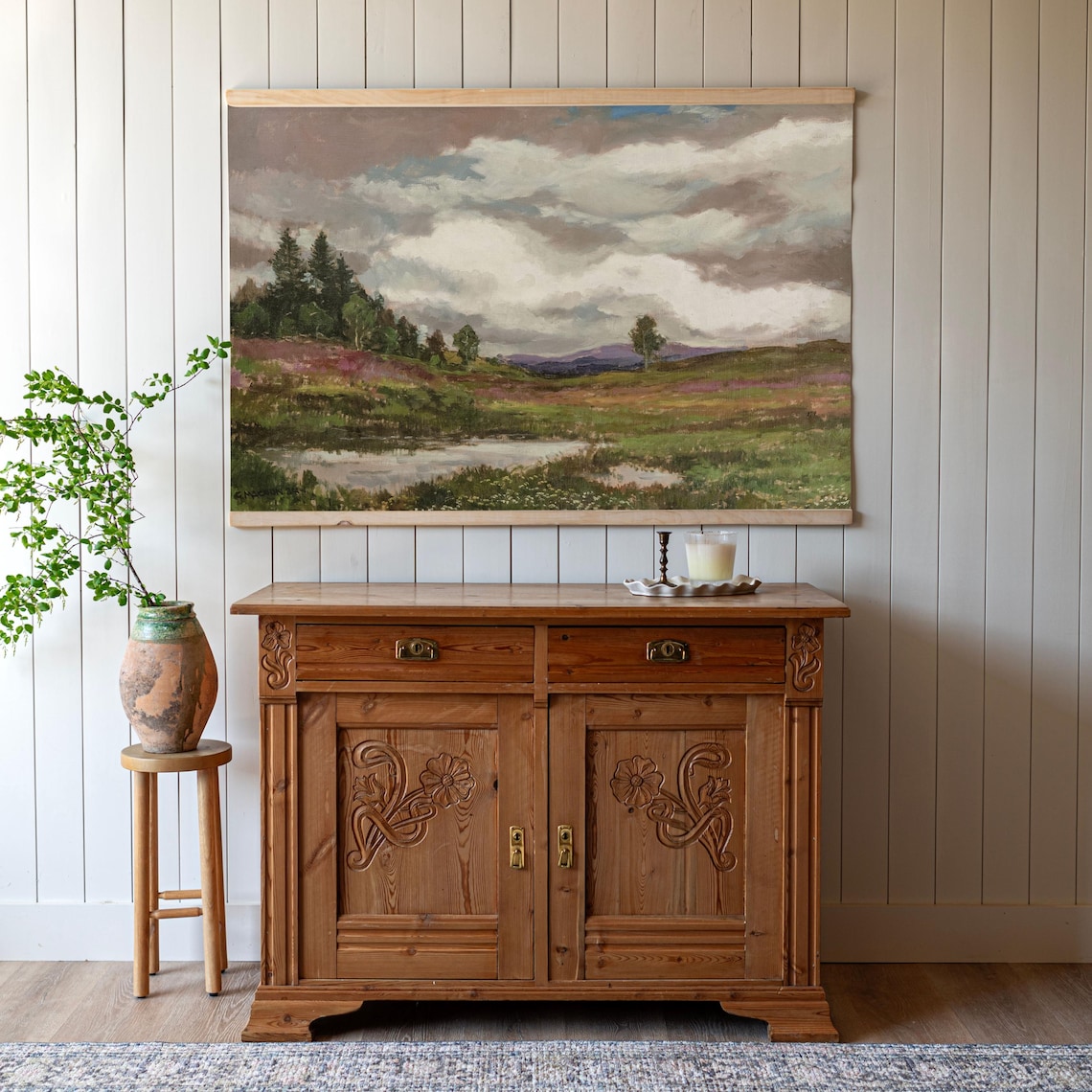 Purple Heather Moorland Pond Vintage Landscape Oil Painting Poster