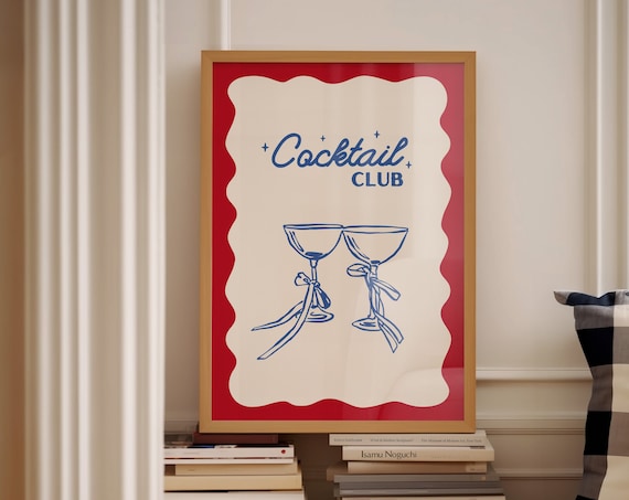 Cocktail Club Red Wavy Border Coupe Glasses Retro Bar Cart Poster