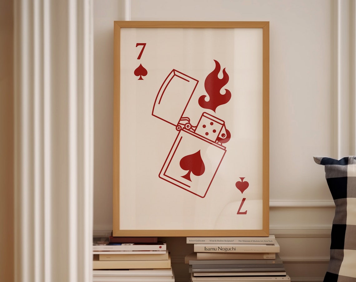 Red Flaming Lighter Seven of Spades Playing Card Bar Cart Poster