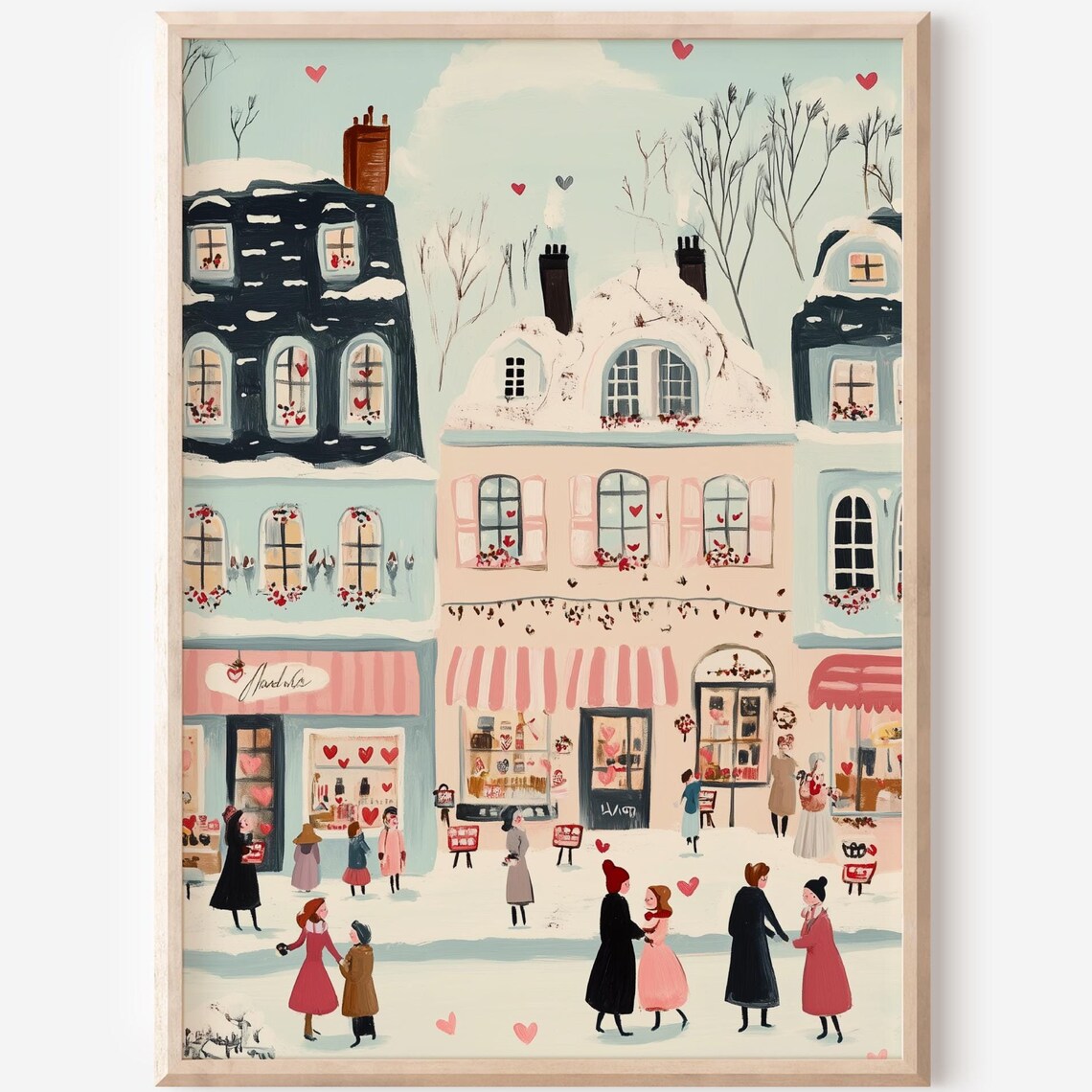 Romantic Valentines Day Village Illustration Art Print