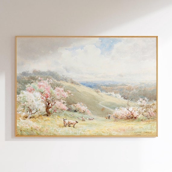 Vintage Landscape Art Springtime Wall Decor Cottagecore Vintage Painting 1800s Art