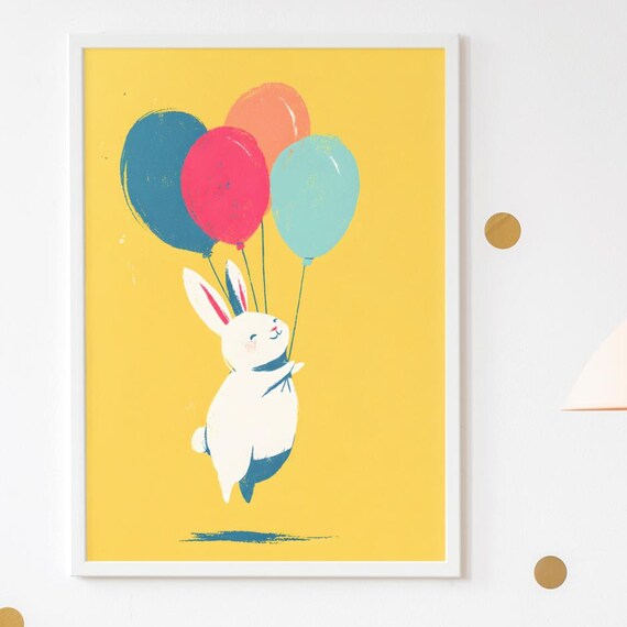 Cute Bunny Floating With Balloons Poster For Kids Nursery Room Decor