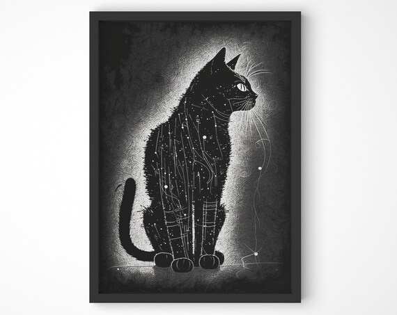 Black Cat Starry Night Silhouette Moody Celestial Animal Art Poster