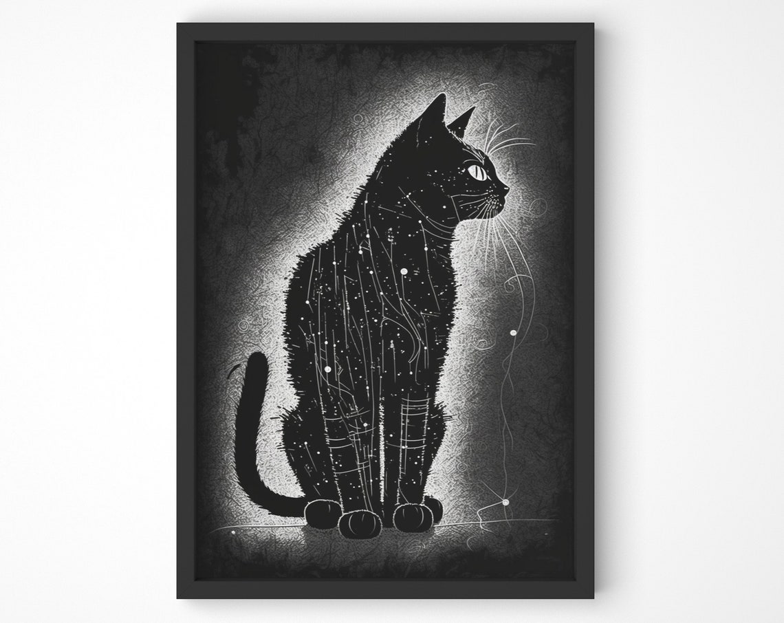 Black Cat Starry Night Silhouette Moody Celestial Animal Art Poster