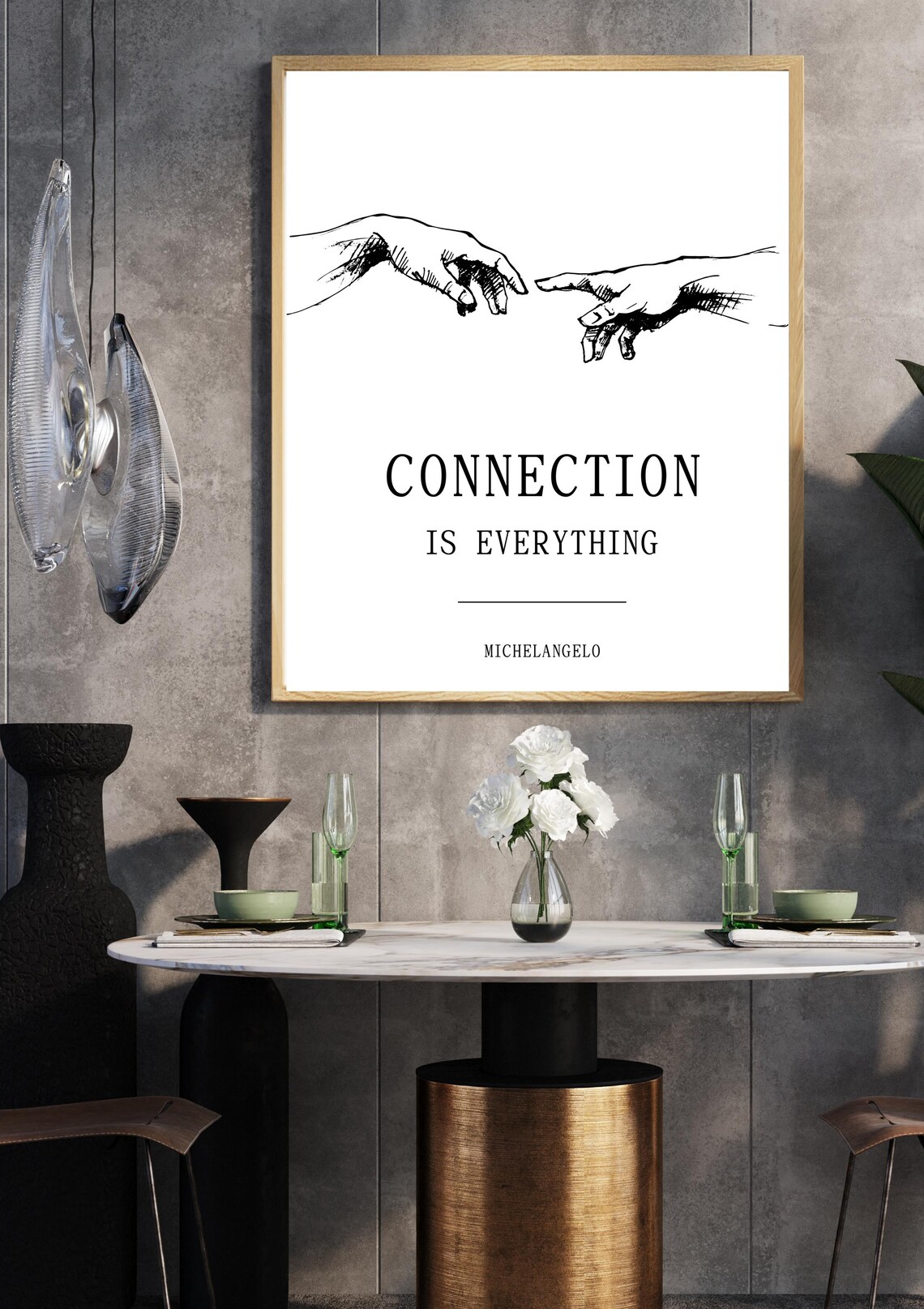 Connection Is Everything Michelangelo Reaching Hands Quote Poster - Image 2