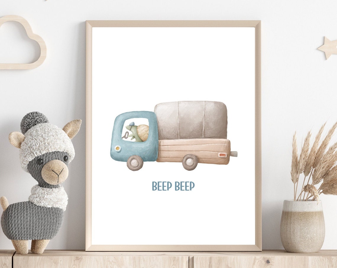 Nursery Watercolour Truck Art Boys Room Truck Art Print Transportation Decor Blue Truck Print Turtle Baby Room Decor Animal Art