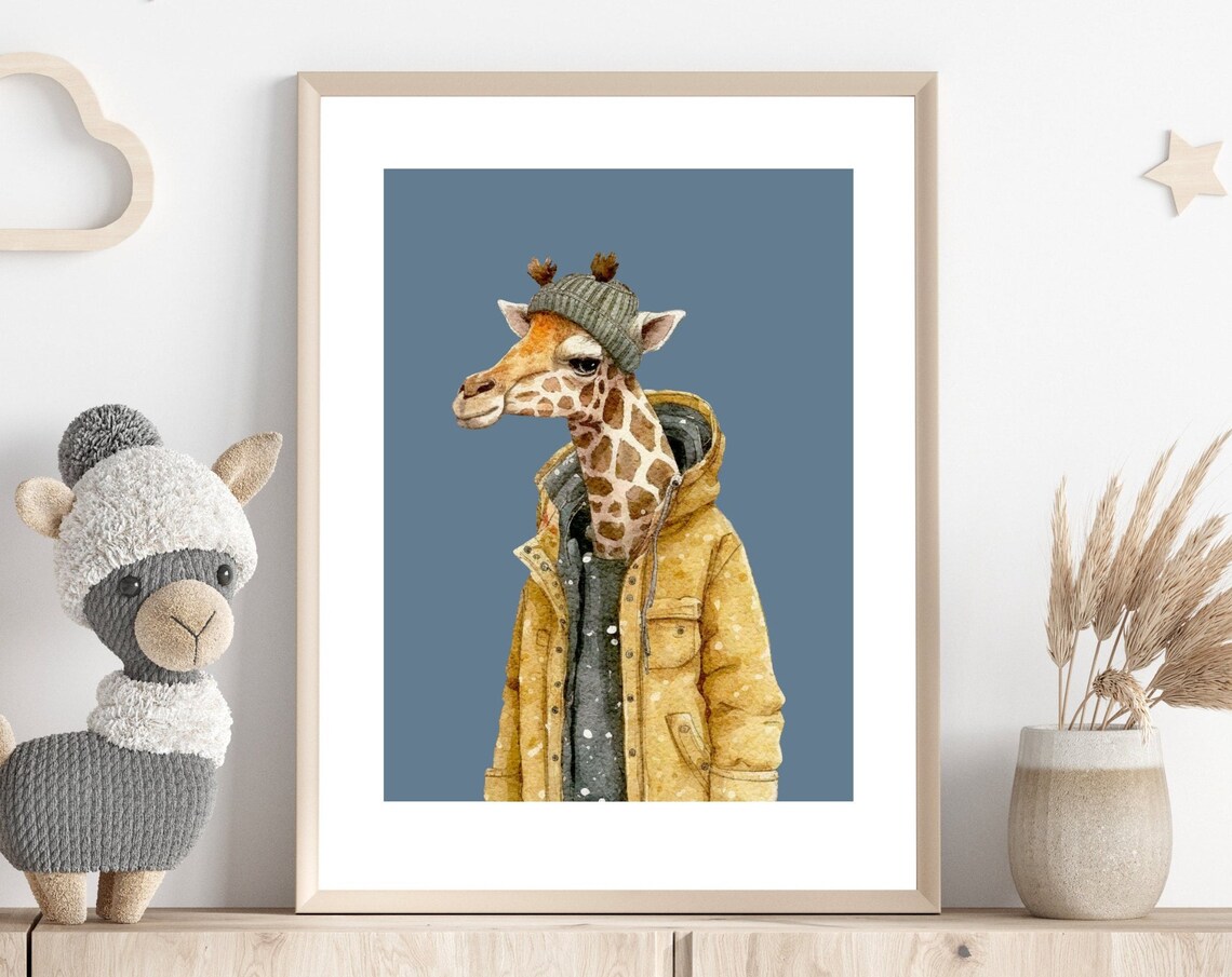 Cool Giraffe in a Yellow Jacket Funny Kids Room Animal Poster