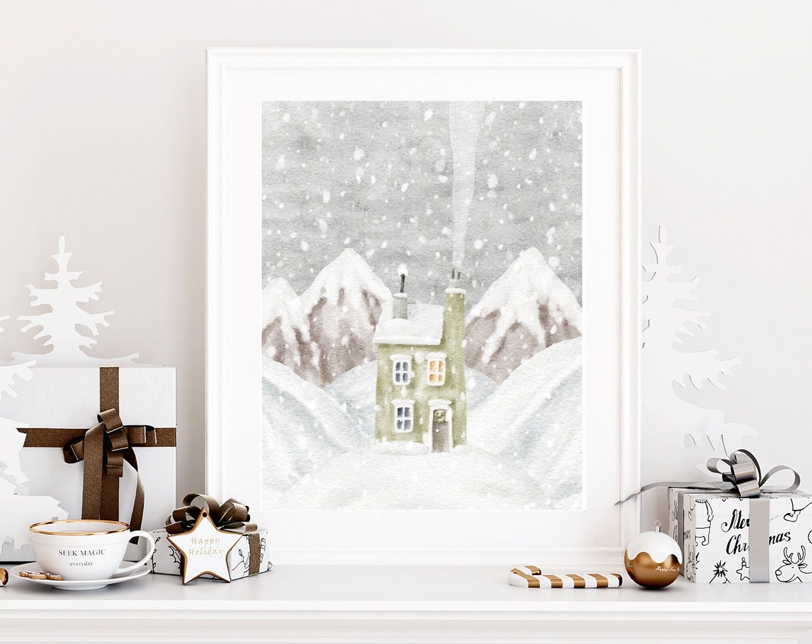 Snowy Mountain Cabin Winter Watercolor Christmas Landscape Poster