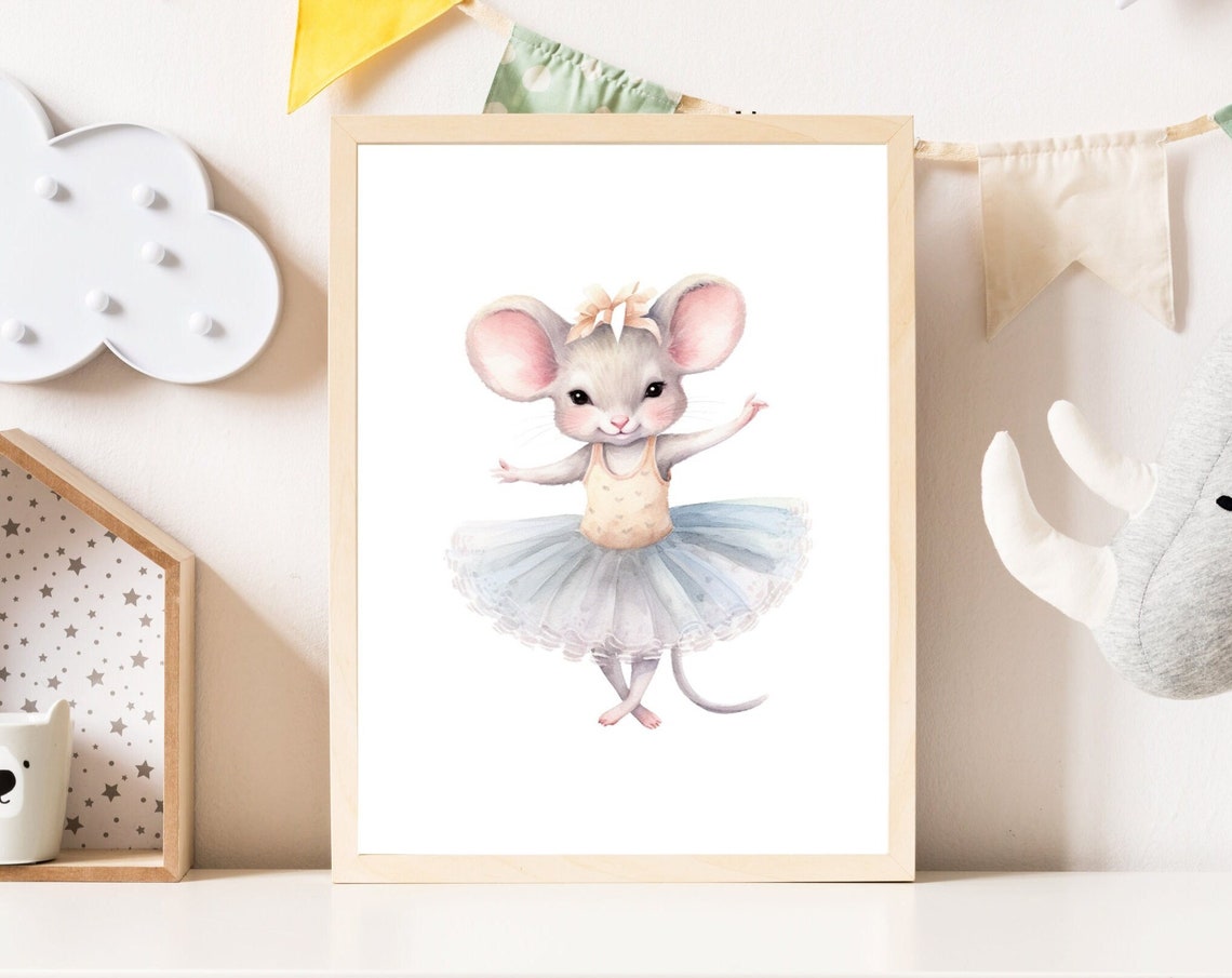 Ballet Mouse In Blue Tutu With Bow Cute Girls Nursery Dance Poster