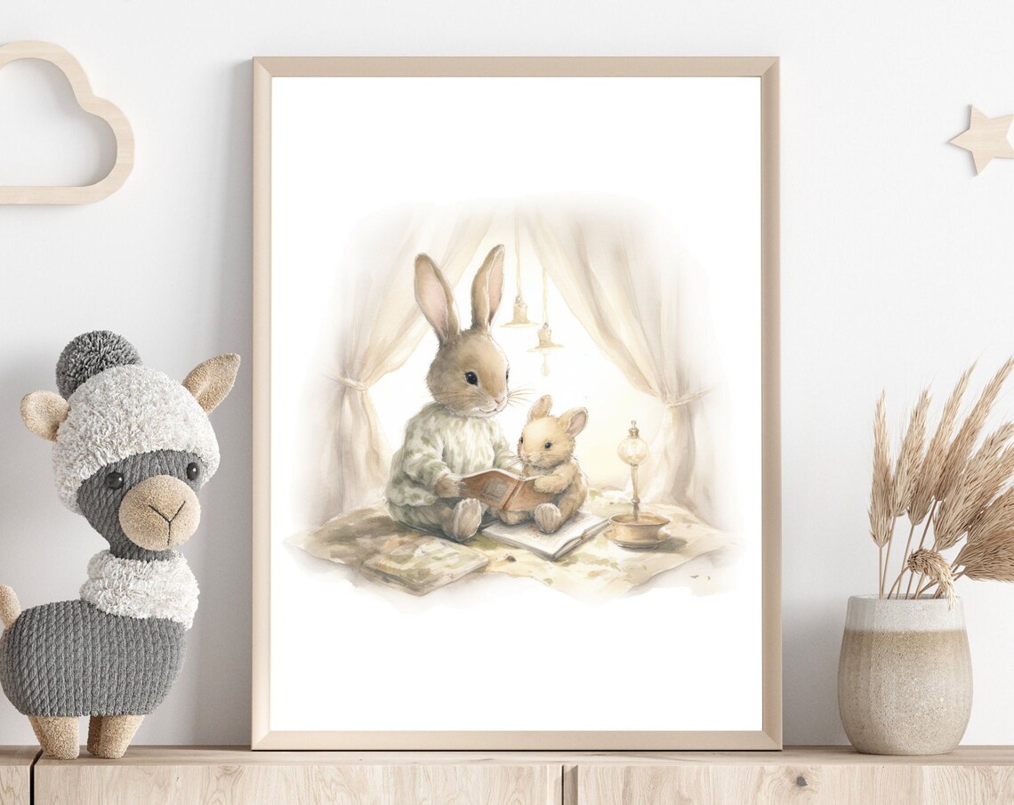 Bunny Bedtime Story Mother Rabbit Reading Book Watercolor Poster